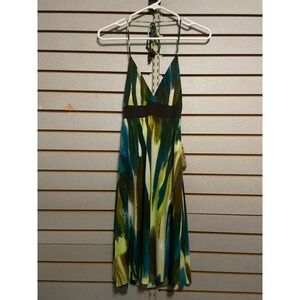 VINTAGE NWTS ELAN USA Abstract Print Halter Neck Midi Dress Brown Waist Tie